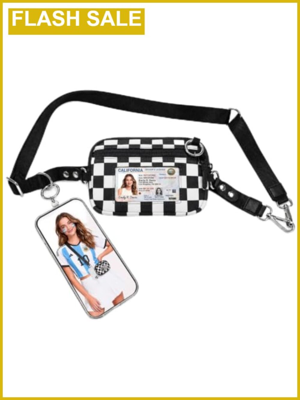 Mini Checkered Crossbody Bag with Phone Lanyard & RFID Wristlet